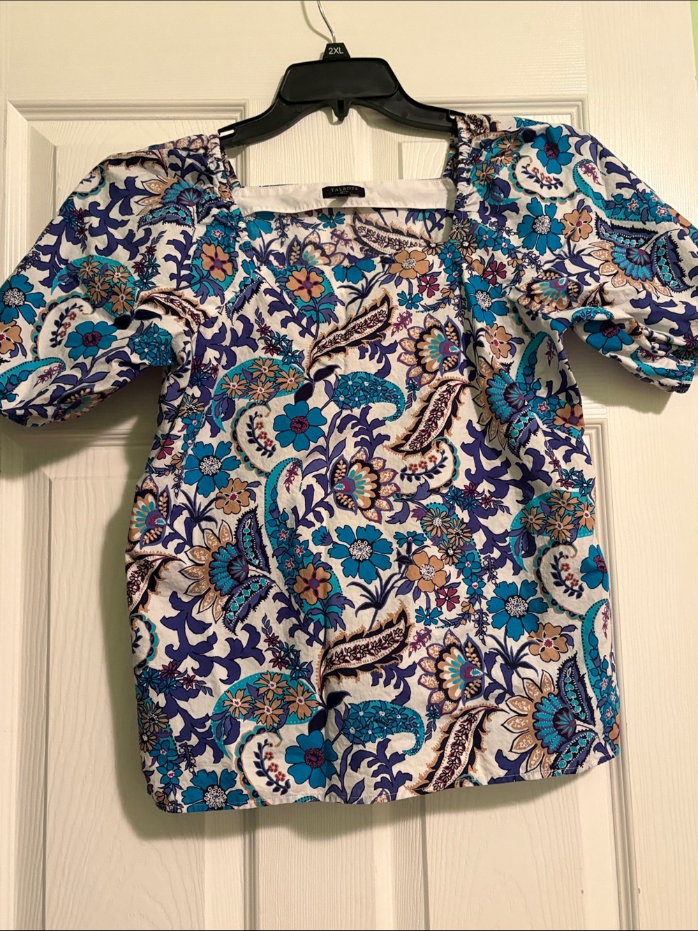 Talbots Teal and Royal Blue Floral Square-Neck Puff Sleeve Top